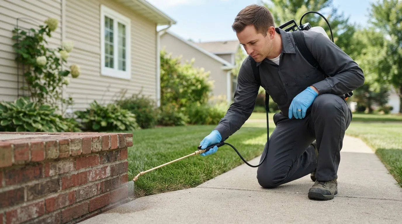 Pest control technician treating a home near Orange, CT